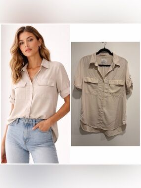 Aritzia Babaton Tencel Utility Shirt Beige Button Up Drapey Blouse M